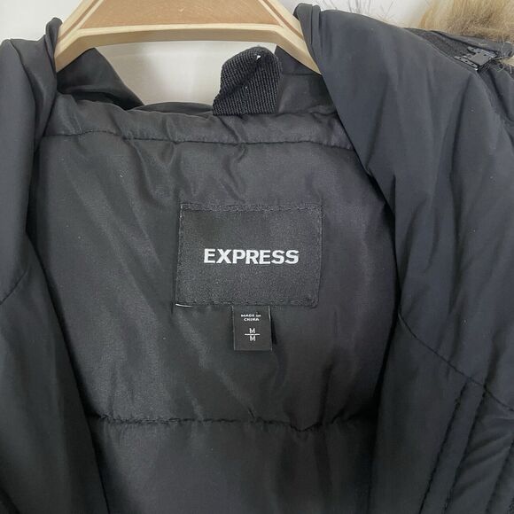 Express‎ Womens Puffer Coat Faux Fur Trim Hood Black Medium - Picture 4 of 11